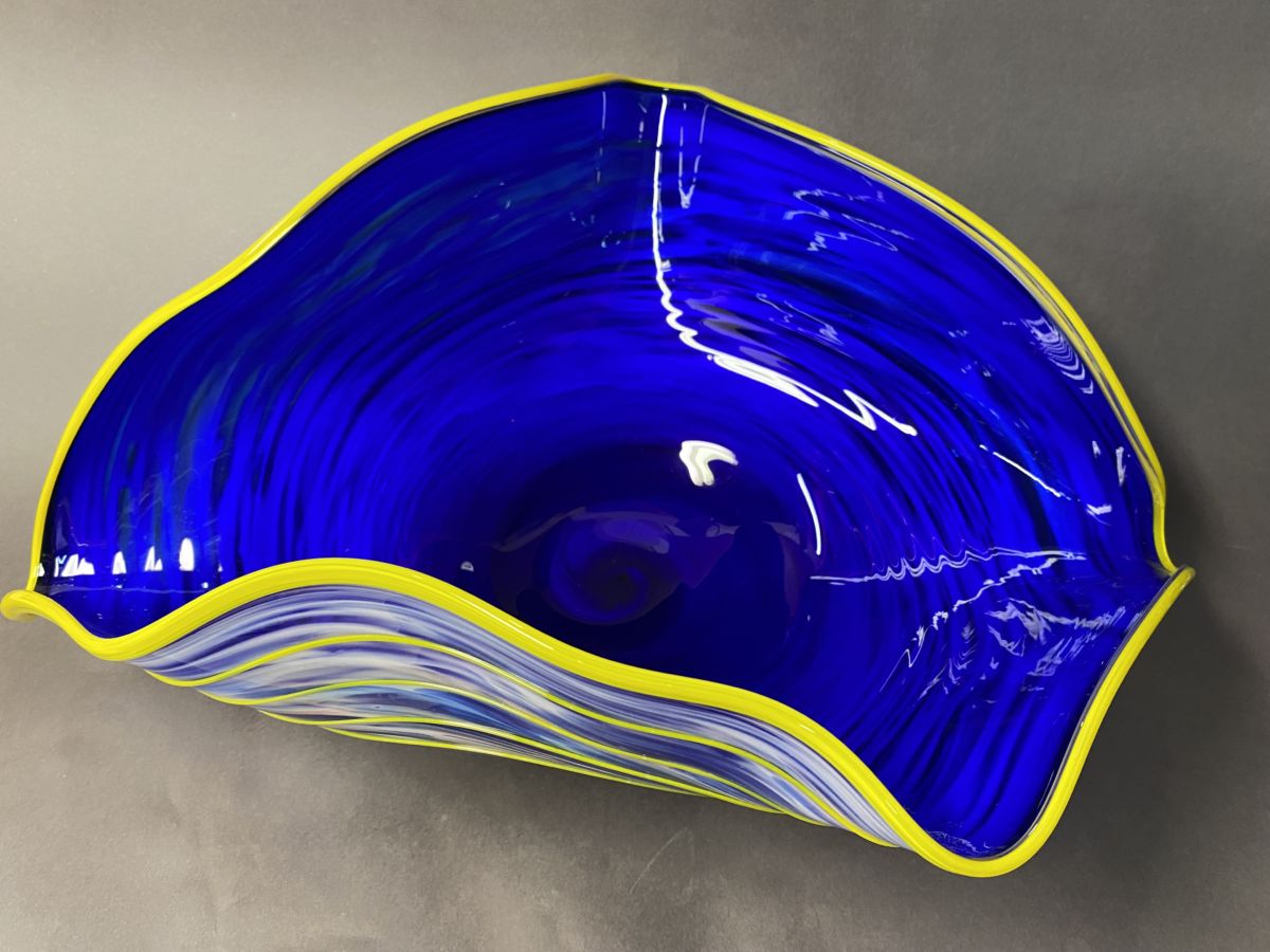 Wavy Clamshell Blue with Yellow Lip Wrap - James Wilbat Glass Studio
